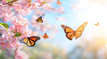 Wall Mural - monarch butterflies fluttering around blooming pink flowers in bright sunlight.