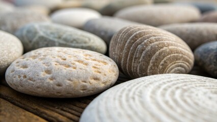 Aufkleber - A macro shot of the individual stone textures emphasizes the unique natural patterns found in each piece from rough ridges to smooth spots. The thoughtful arrangement encourages