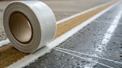 Aufkleber - A macro shot of the joint tape applied along a straight seam with the fine fibers of the tape peeking through a layer of wet finish compound capturing the craftsmanship and