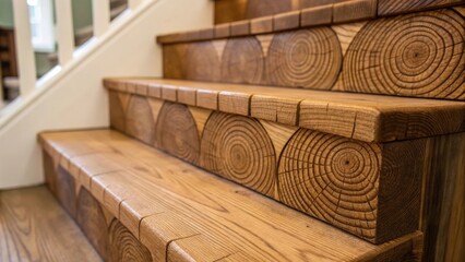 Aufkleber - A macro shot of the end grain of a pre stair stringer revealing the intricate patterns and rings of the wood. The rich textures appear almost threedimensional inviting the viewer