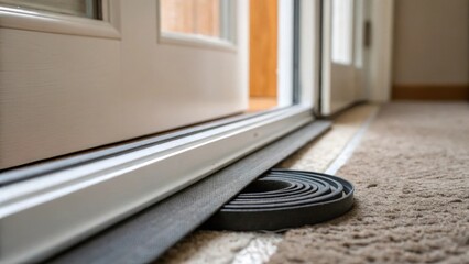 Fototapete - A macro shot of the weather stripping tape peeking out from beneath a slightly ajar door with a soft focus on the flooring beneath. The image subtly illustrates the importance of