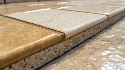 Fototapete - A macro shot of two adjacent polished stone tiles highlighting the precision of their placement. The adhesive oozes between the edges emphasizing the meticulous craftsmanship of