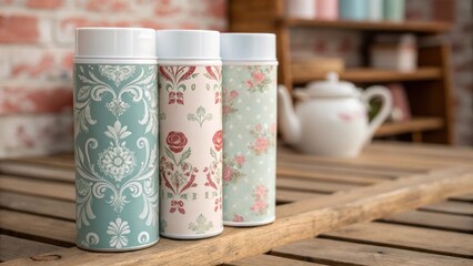 Aufkleber - A macro shot reveals the fine details of a shabbychic wallpaper printthe soft colors and vintage patterns contrasting with the sleek modern containers of adhesive which sit
