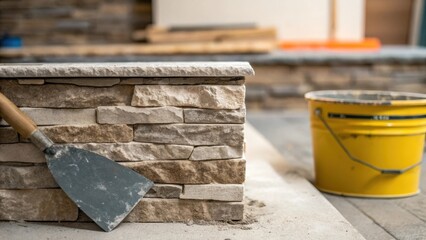Aufkleber - A macro shot reveals the rough edges of stone veneer panels with fragments and dust indicating recent handling. To the side a robust mixing paddle rests against a bucket of freshly