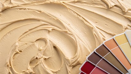 Aufkleber - An abstract closeup of rich creamy stucco with delicate lumps and folds visible accompanied by a colorful array of applicators creating a contrasting palette against the neutral