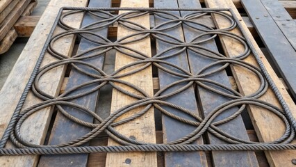 Poster - An abstract composition focusing on the geometric patterns created by the twisted ties of rebar intertwining lines and curves lending an artistic quality to the utilitarian