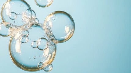Poster - Charming Clear Bubbles Floating Gracefully Against a Soft Blue Background Evoking Tranquility and Freshness