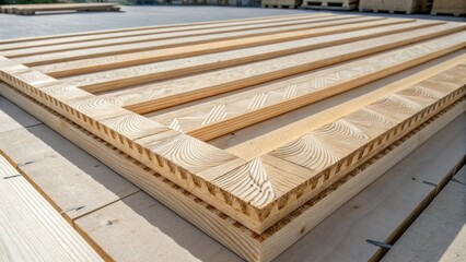 Aufkleber - An aerial closeup of several crosslaminated timber panels laid out for inspection their edges meticulously aligned. The patterns of each layer are visually compelling creating a