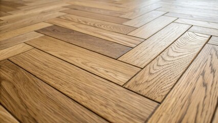 Poster - An angled closeup focusing on the junction where two engineered wood planks meet in the herringbone layout capturing the seamless transitions and slight variations in color that