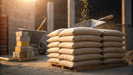 Poster - An angled view showcases a stack of cement bags with a scoop partially buried in the topmost bag. Tiny specks of cement dust float in the air around them illuminated by soft golden