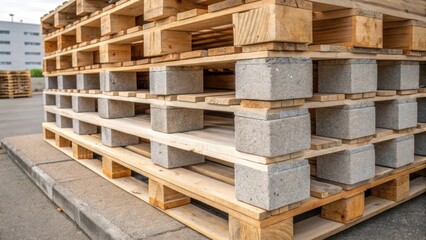 Aufkleber - An angled view showcases the overall structure of the stacked pallets and cinder blocks illustrating an innovative use of materials. The staggered arrangement reveals glimpses of