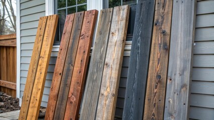 Poster - An array of weathered wooden beams leaning against a partially framed house with contrasting colors of aged brown and deep gray. The grain patterns are highlighted showcasing the