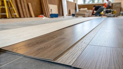 Aufkleber - An artistically angled view presents a closeup of vinyl planks as they are being installed featuring a smooth transition from an existing tile floor to the new material. The slight