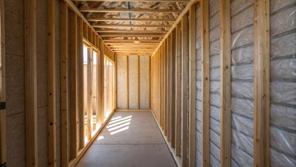 Poster - A narrow slit view of a partially finished wall capturing intersecting lines of studs and the installed fiberglass batt insulation. The interplay of shadows and light creates an