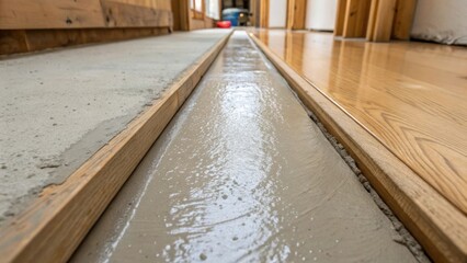 Poster - A narrow gap between two wooden boards on the subfloor is filled with leveling compound which is meticulously smoothed out. The image captures the careful blending of materials
