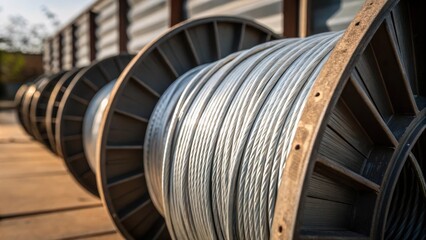 Aufkleber - An artistic angle captures the interplay between light and shadow on the galvanized metal spools. The focus on the spiral arrangement reveals the smooth contours of the wire as it