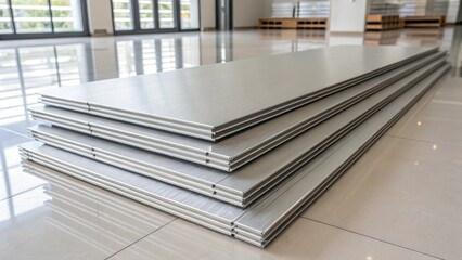 Aufkleber - An artistic angle showcasing the stacked aluminum soffit panels in a symmetrical arrangement on a clean minimalist floor with soft diffused lighting creating a modern aesthetic