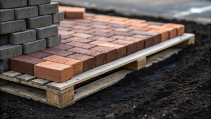 Aufkleber - An artistic arrangement of bricks spilling slightly over the edge of a pallet showcasing uneven layers that reveal the craftsmanship behind their placement. The contrast between