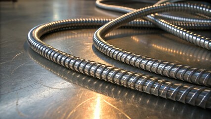 Aufkleber - An artistic capture of twisted electrical conduit tubing where the light captures an array of reflections on the metallic surface creating a mesmerizing dance of highlights and