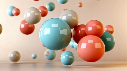 Poster - Spheres in various colors hover in mid-air against a soft, neutral background, showcasing a captivating and dynamic composition