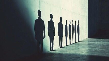 Wall Mural - A group of people standing in a dark room with a wall in the background