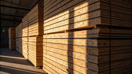 Aufkleber - An artistic image that focuses on the interplay of light and shadow across the stacked OSB panels. The warm tones of the wood catch the sunlight while deeper grooves create shadow
