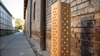 Poster - An artistic perspective of a wooden post leaning against an outdoor wall where the predrilled holes catch the light creating a patterned effect. The smooth finish of the wood is