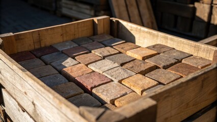 Poster - An artistic perspective on the wooden crate filled with unevenly stacked paving stones emphasizing their diversity in color and texture. The light creates a play of shadows giving