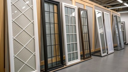 Leinwandbilder - An artistic view showcasing a collection of storm window panels hung vertically on sleek minimalistic racks. The image captures the interplay of light and shadow across the various
