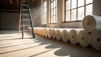 Leinwandbilder - A neatly arranged row of insulation rolls lies beside a ladder with one roll partially unfurled revealing the thicker inner material. Sunlight filters through an open window