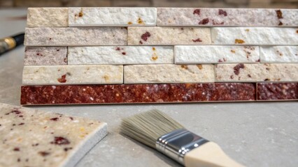 Aufkleber - An extreme closeup captures the details of a stone veneer panel highlighting flecks of quartz and the unique garnets that catch the light. Strategically p beside it a brush lies on
