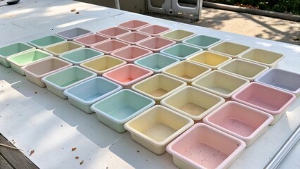 Aufkleber - A neat arrangement of pastelcolored tile grout tubs on an immaculate surface with a few specks of dried grout emphasizing the workinprogress aspect of the renovation. The sunlight