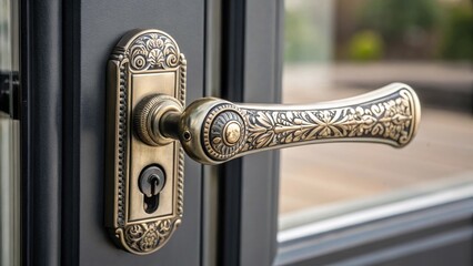 Aufkleber - An extreme closeup portrays the elaborate design of a vintageinspired cat window crank handle encrusted with delicate engravings nestled beside a modern locking mechanism. The