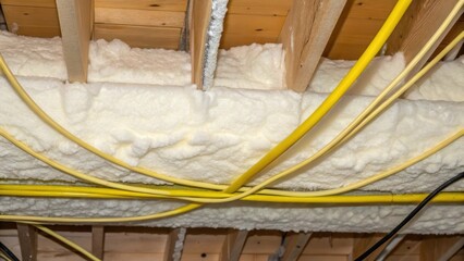 Poster - An image details the interaction between the spray foam insulation and existing electrical wiring in the roof cavity. The foam envelops the wires showcasing the careful balancing