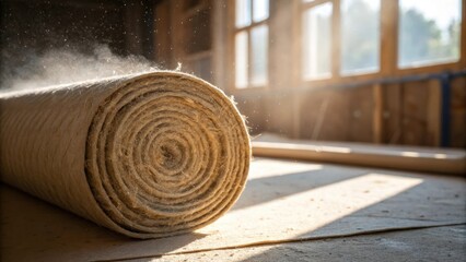 Poster - An image focuses on a tightly roll of acoustic insulation its surface displaying a network of interwoven fibers. The shot highlights a fine mist of dust particles floating in the