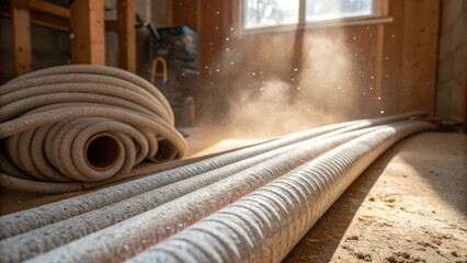 Poster - An image zoomed in on several lengths of heatresistant plumbing insulation piled together in a corner of a renovation space. Dust particles can be seen floating in the light above