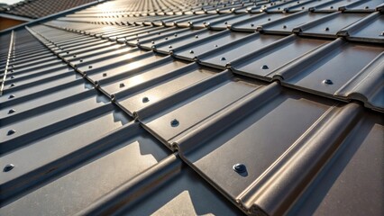 Poster - An intricate shot of interlocking metal roofing panels featuring their textured grooves and rivets. The overlapping protective covers partially conceal the panels while shadows