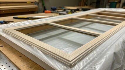 Poster - An intricate shot focusing on the detailed framework of a sliding window sash where the protective film is slightly wrinkled at the edges hinting at the upcoming assembly process.