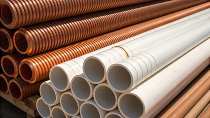 Poster - An overhead closeup with shadows featuring various plumbing pipes grouped by diameter where the smooth surface of PVC contrasts sharply with the ridged texture of larger copper