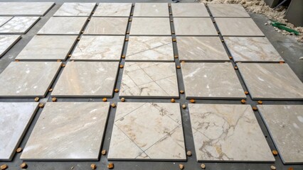 Aufkleber - An overhead angle showcasing a grid of polished stone tiles where the adhesive has been applied interspersed with small remnants of the installation process. The uniformity of the
