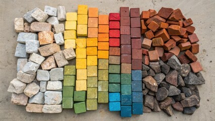 Poster - An overhead shot of an artistically arranged pile of multicolored bricks and stones collected from various sources forming a palette for construction. The image radiates creativity