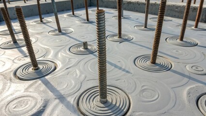 Aufkleber - An overhead view of foundation bolts embedded in wet concrete showcasing the precision of their placement. Each bolt stands tall like a sentinel surrounded by intricate patterns of