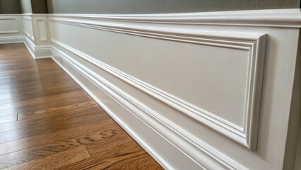 Poster - An upclose look at a newly installed chair rail that seamlessly transitions between wall colors framed by the clean edge of the trim. The smooth finish catches the light