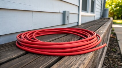 Poster - A of red insulated outdoor wiring cables arranged artistically on a weathered wooden bench. The rich grains of the wood contrast with the sleek insulation while in the background