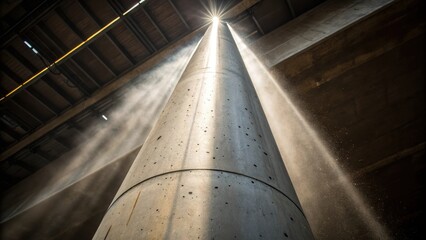 Poster - An upward angle shot of a steel column reaching towards the ceiling with light filtering through tered dust particles in the air illuminating the columns surface. The connection to