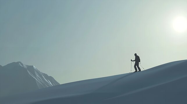 Silhouette of Skier in Mountainous Snowy Landscape