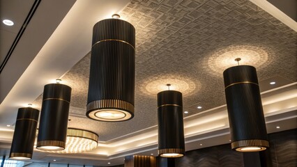 Poster - A picturesque arrangement of sleek cylindrical light fixture housings in various sizes with a warm LED glow positioned flush against a textured ceiling creating a sophisticated