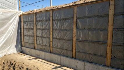 Poster - A section of the concrete wall revealing tool marks from the finishing process. The rough edges are juxtaposed with the smoothness of the tarps that envelop the structure creating