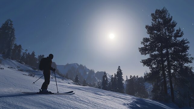 Silhouette of Skier in Mountainous Snowy Landscape