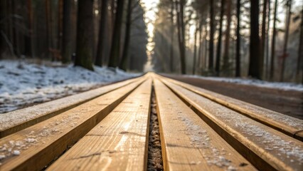 Aufkleber - A serene closeup of long straight wooden planks lined up perfectly with a slight sheen from the natural oils still present and a dusting of sawdust that softens the starkness